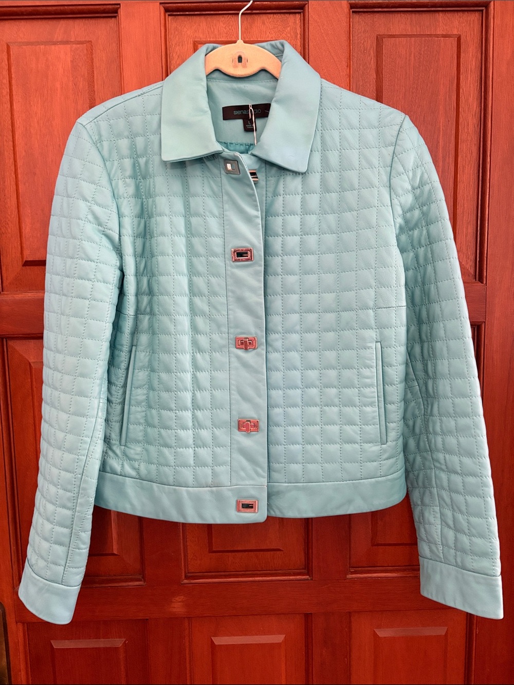 Tiffany blue quilted style leather jacket
